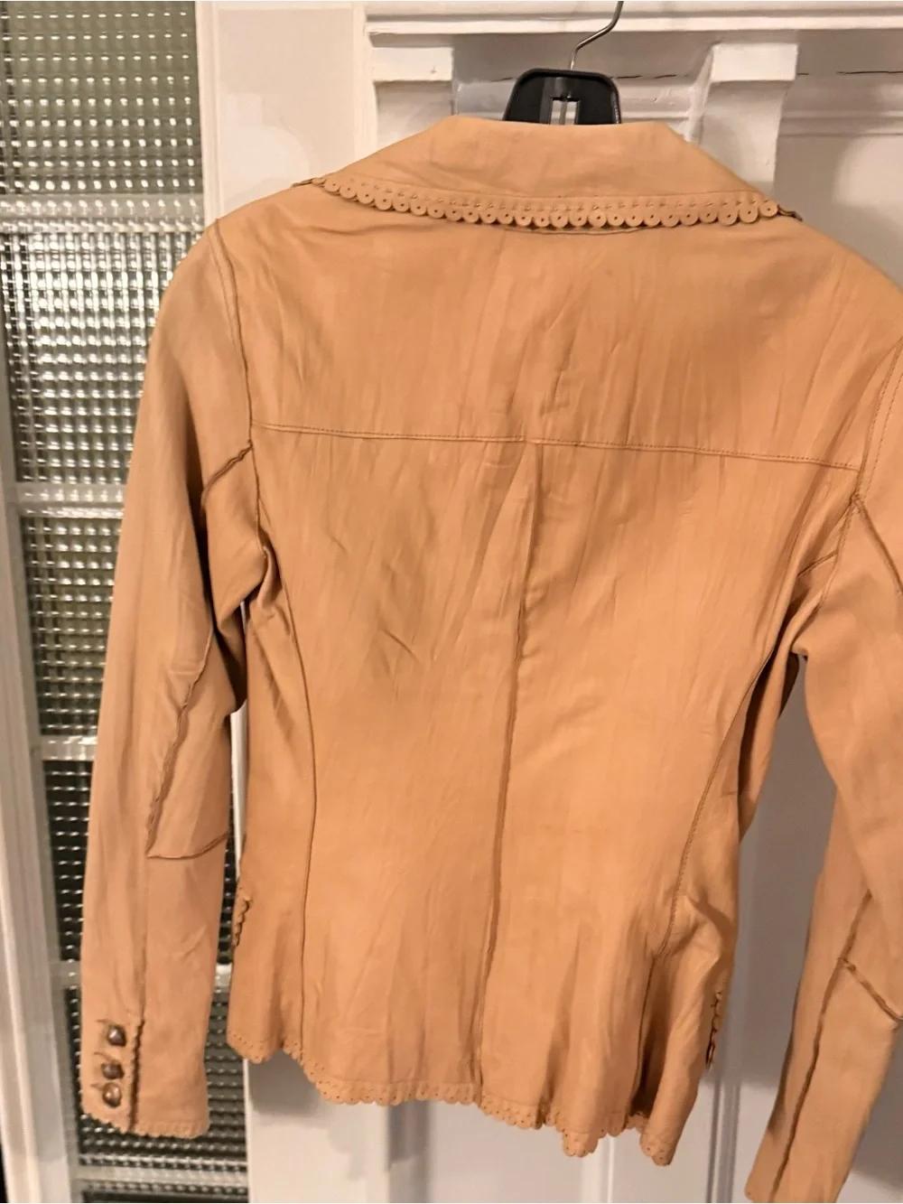 CACHE COUTURE BEAUTIFUL CAMEL TEXTURED WESTERN FLAIR LAMB LEATHER JACKET sz 0